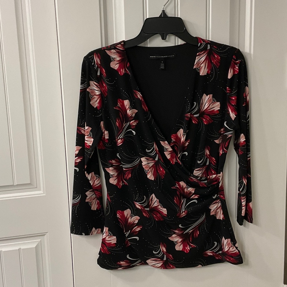 White House Black Market Black and Red Floral Blouse